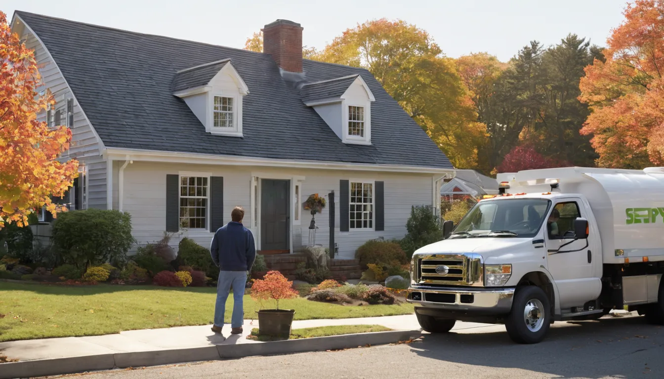 A friendly septic provider talking with a homeowner in a Hopatcong front yard