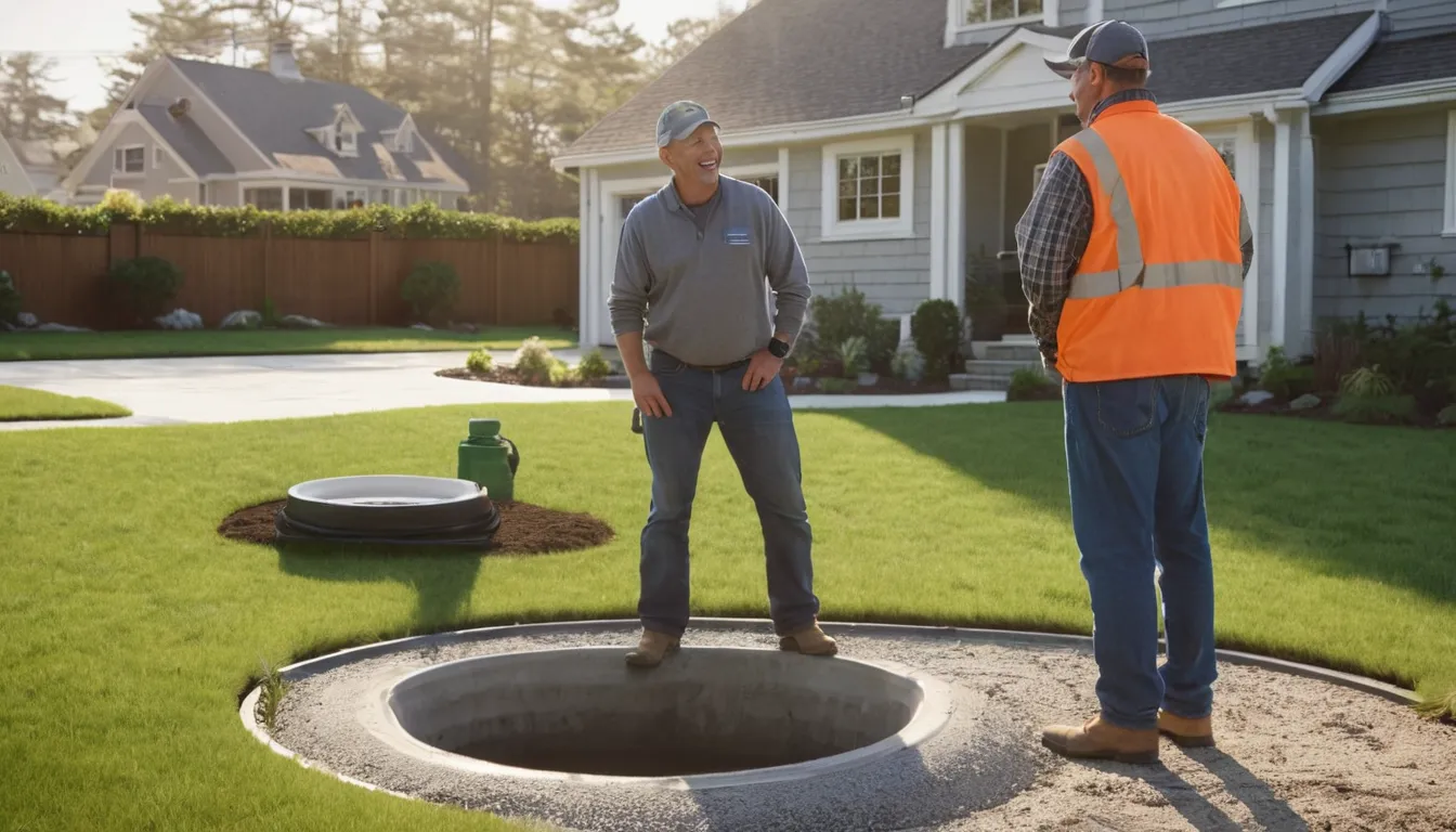 Friendly septic provider talking with a homeowner beside an open septic tank lid in a Hopatcong backyard